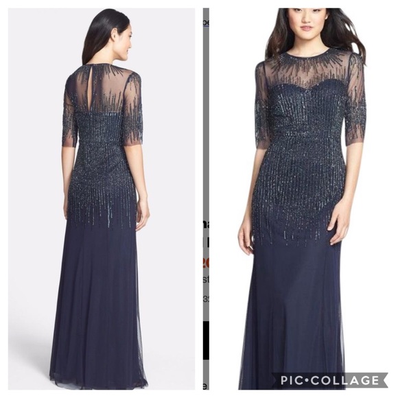 Adrianna Papell beaded 3/4 sleeves illusion sweetheart neck long gown - Picture 10 of 15